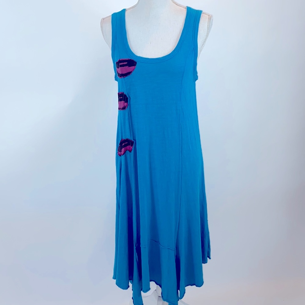 Turquoise cotton maxi tank dress with lip print patchwork